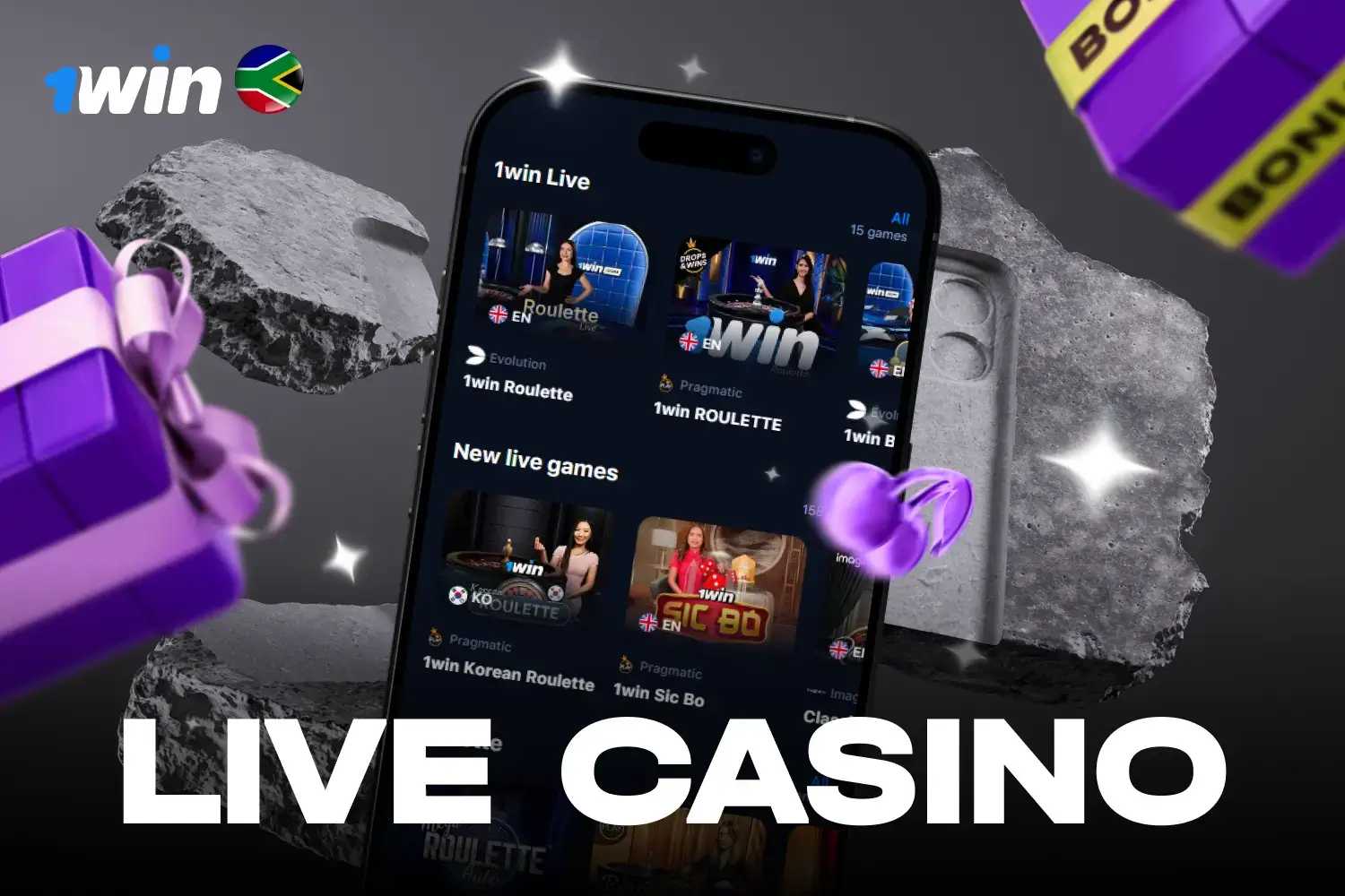 Live dealer games section offering roulette, blackjack and baccarat