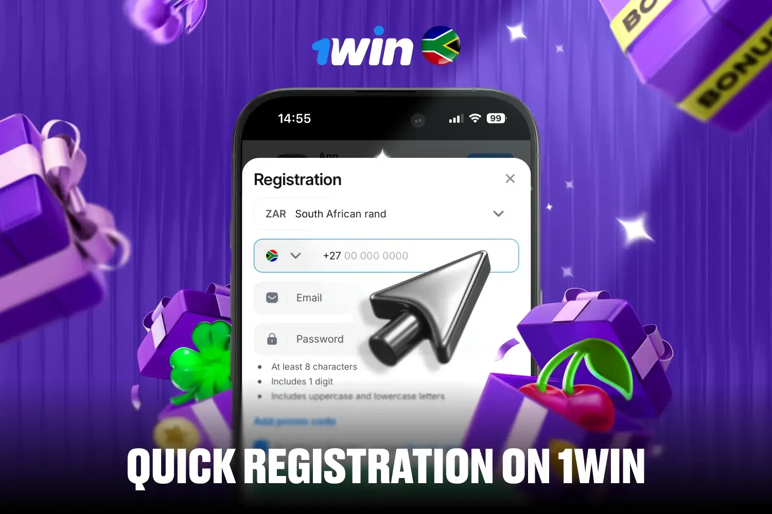 Form fields for quick registration on 1win requiring email and phone number